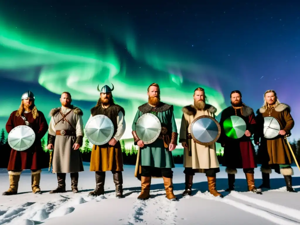 Ceremonia vikinga bajo auroras boreales: reencuentro ancestral Grupo de reenactores vikingos en ceremonia bajo auroras boreales, fusionando tradición vikinga en la actualidad