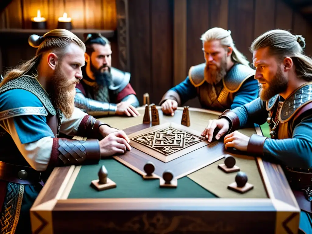 Grupo de reenactores vikingos juegan estratégico juego de mesa en una sala iluminada tenue con motivos vikingos