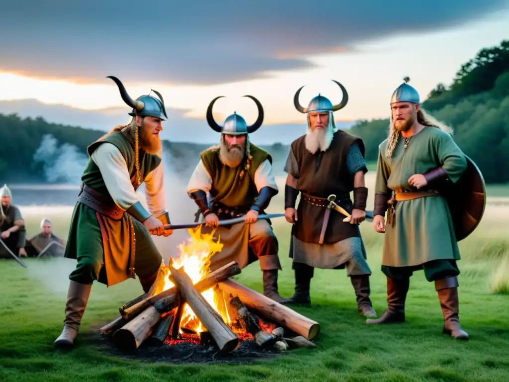 Un grupo de reenactores vikingos se reúne alrededor de una fogata, preparándose para un festival vikingo