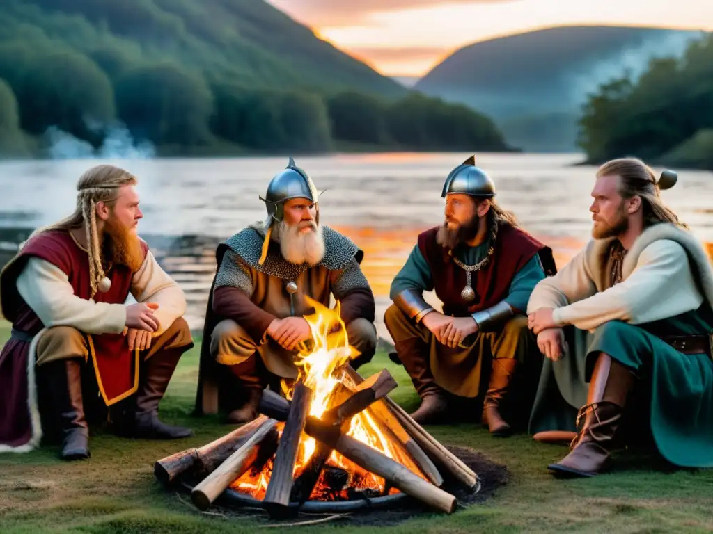 Grupo de reenactores vikingos alrededor de una fogata en el bosque al atardecer