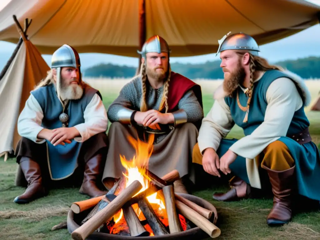 Grupo de reenactores vikingos alrededor de fogata en festival, con vestimenta y accesorios auténticos