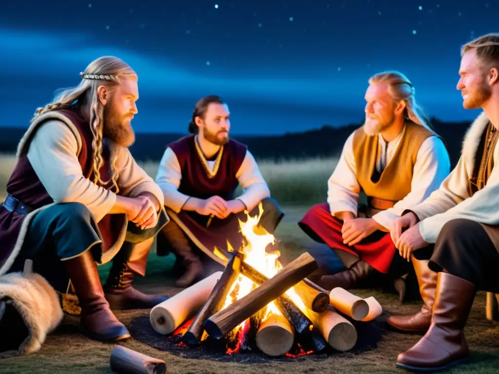 Un grupo de reenactores vikingos aprendiendo nórdico antiguo alrededor de una fogata bajo un cielo estrellado