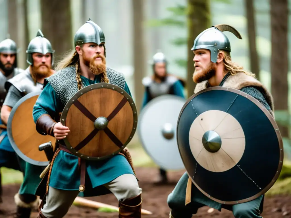 Grupo de reenactores vikingos practicando técnicas de combate modernas en un bosque