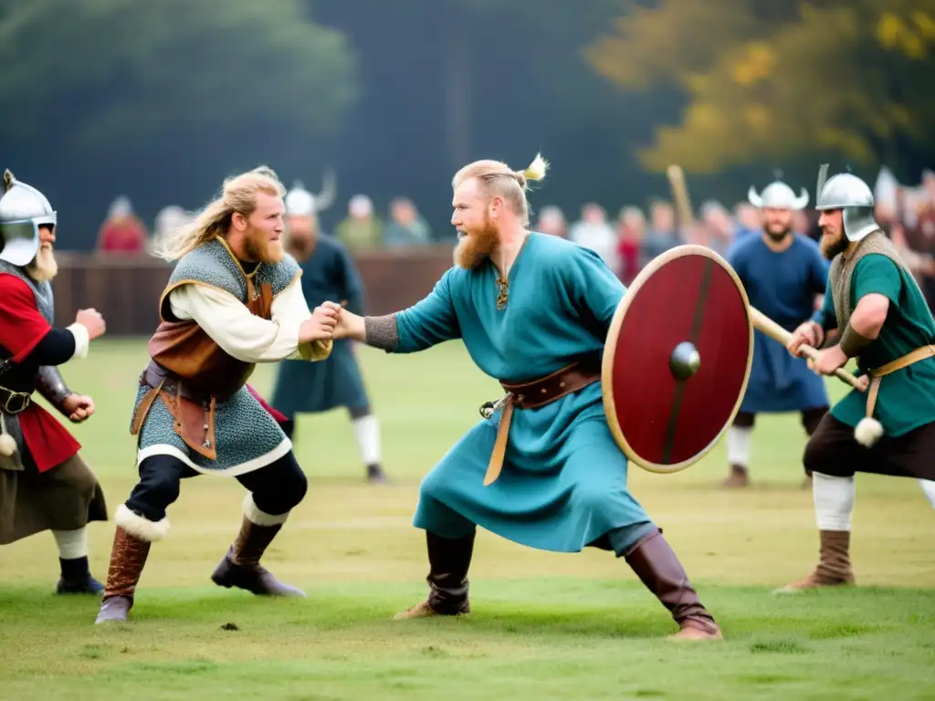 Un grupo de reenactores vikingos compite en el tradicional juego de 'knattleikr' en un campo rodeado de espectadores vestidos al estilo vikingo