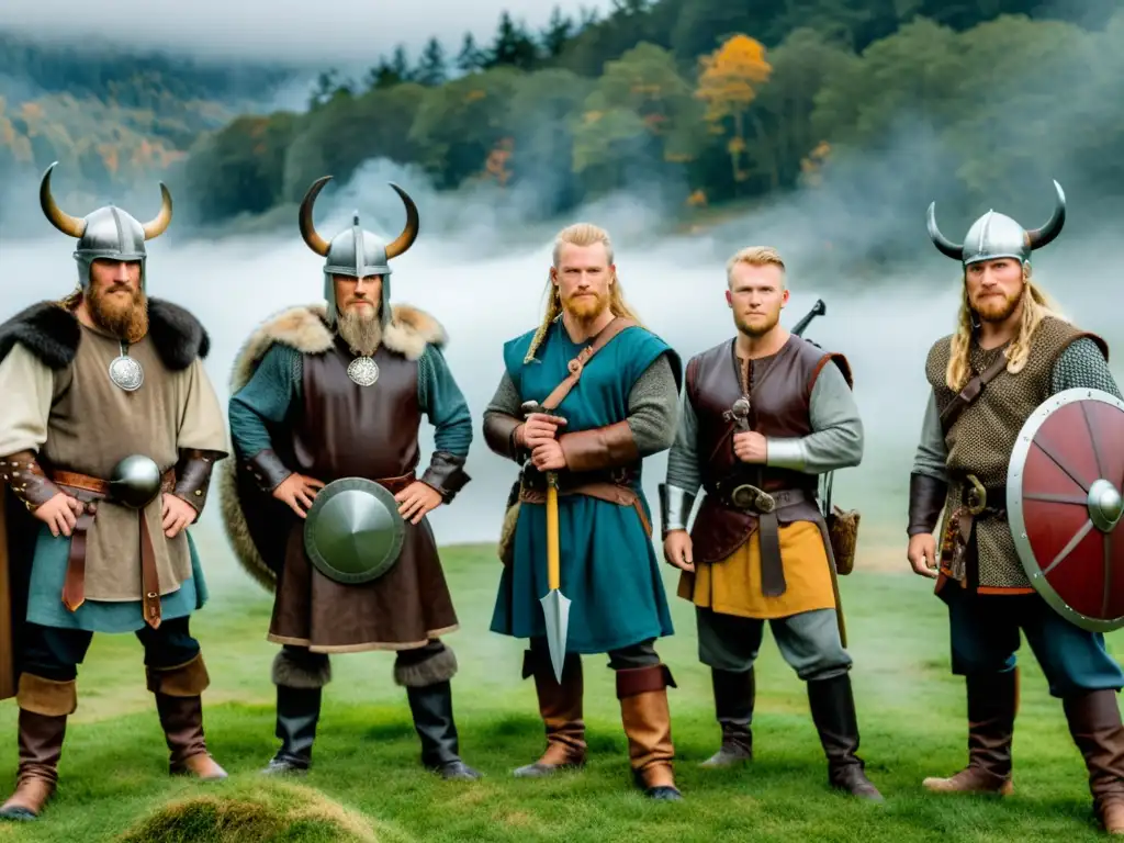 Grupo de reenactores vikingos con vestimenta funcional y moda en bosque neblinoso