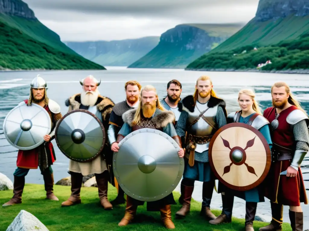 Grupo de reenactores vikingos en Escandinavia, con vestimentas elaboradas y un barco vikingo en el fondo