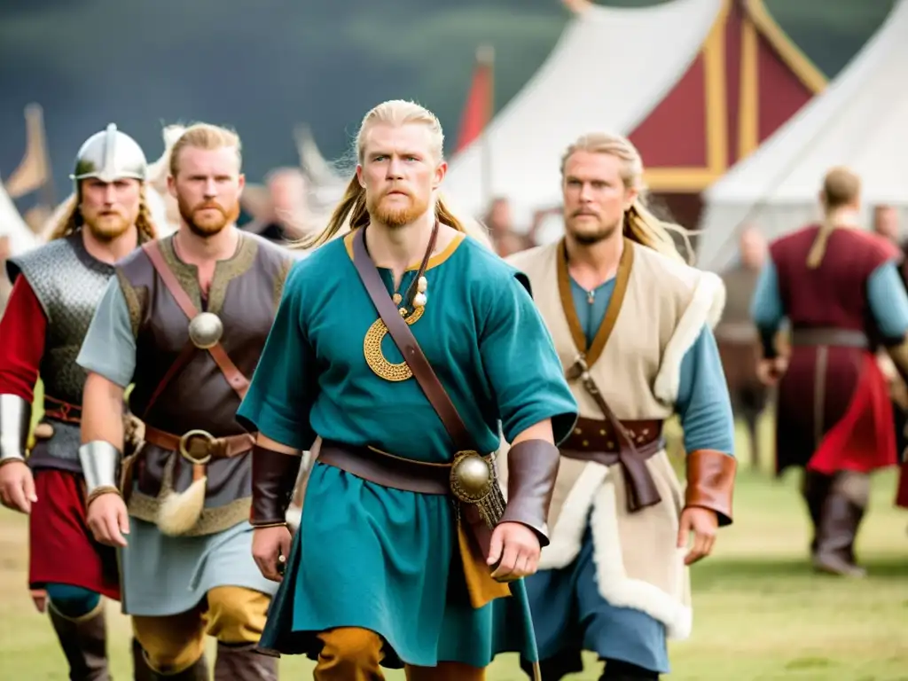 Un grupo con réplicas de ropa vikinga de calidad disfruta de un evento temático vibrante en una aldea vikinga