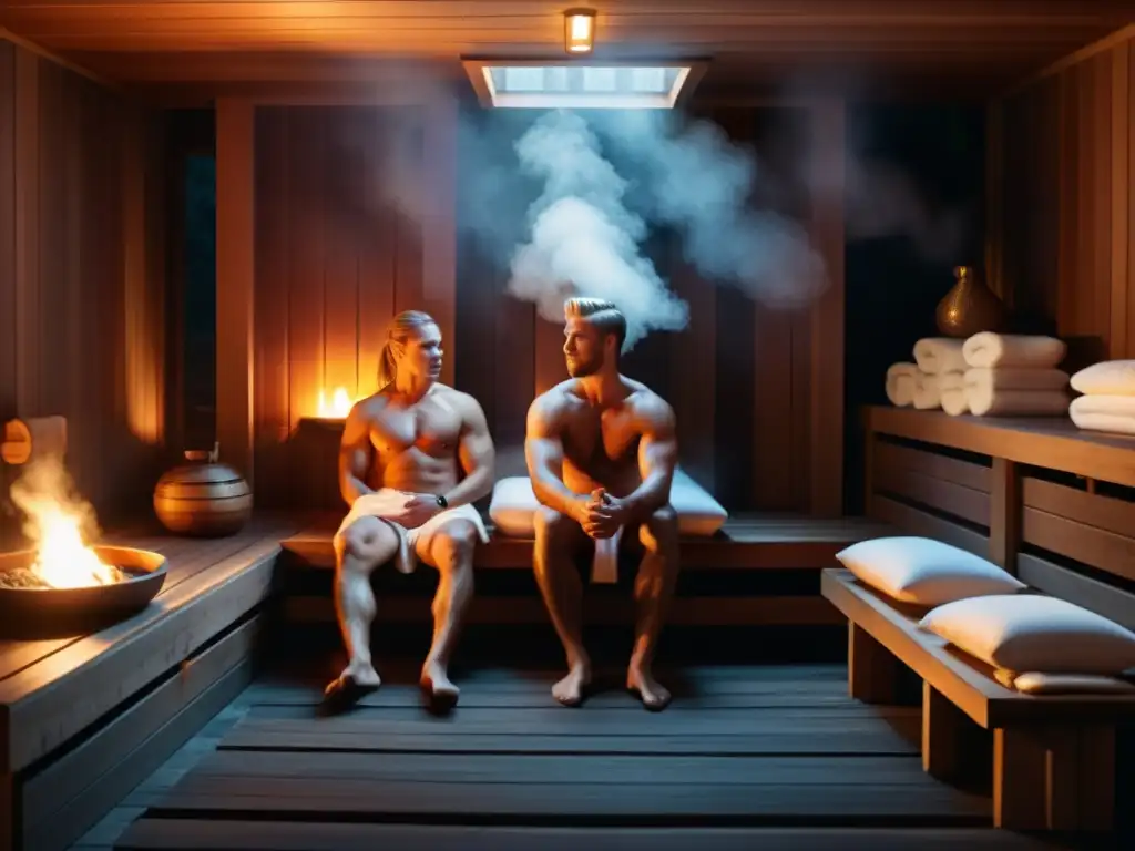 Grupo en sauna nórdica con secretos para rituales de sauna, ambiente místico y sereno