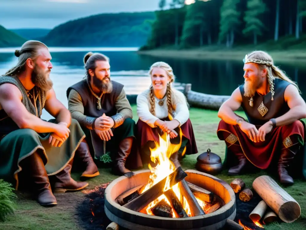 Un grupo de skalds vikingos narra cuentos épicos alrededor de una fogata en un bosque, creando una atmósfera mística