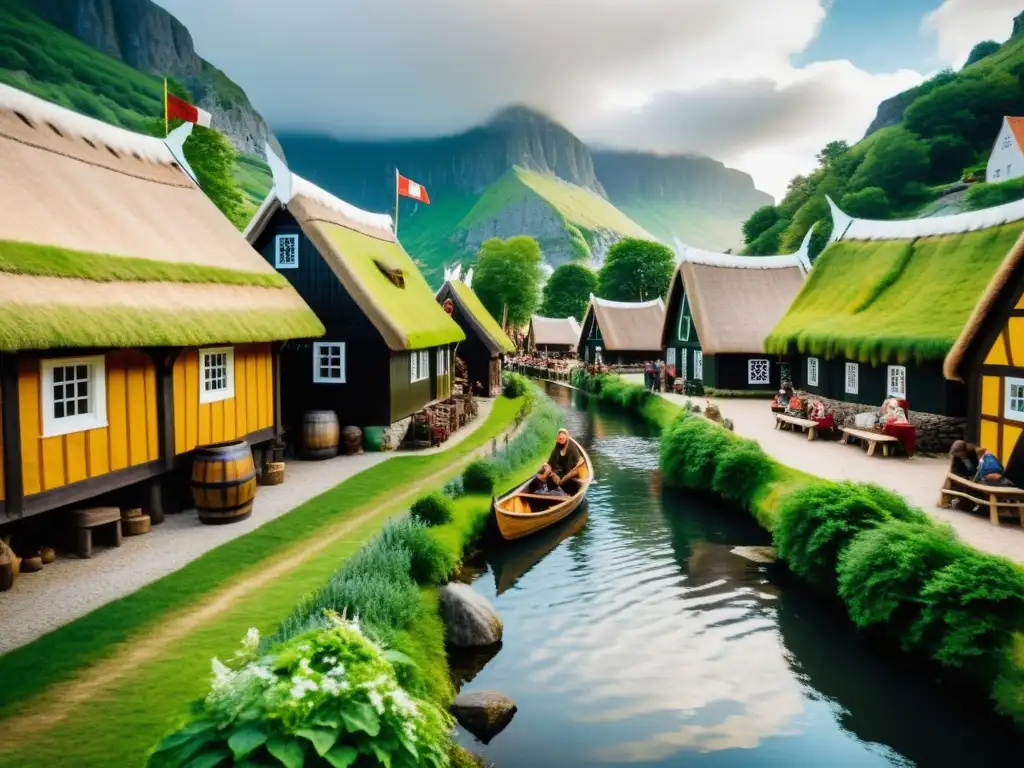 Un grupo de turistas explorando una aldea vikinga rodeada de casas con techos de paja y barcos de madera en Destilerías de Mead Vikingo