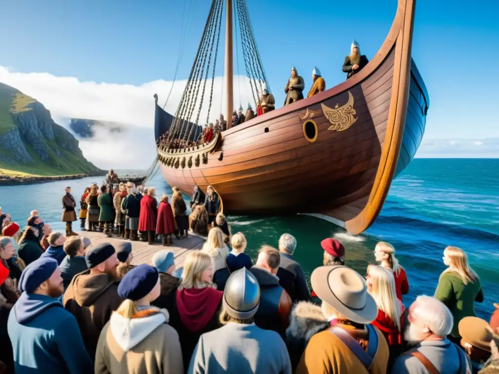 Grupo de turistas en vestimenta vikinga escucha las historias del guía junto a un imponente drakkar en la costa nórdica