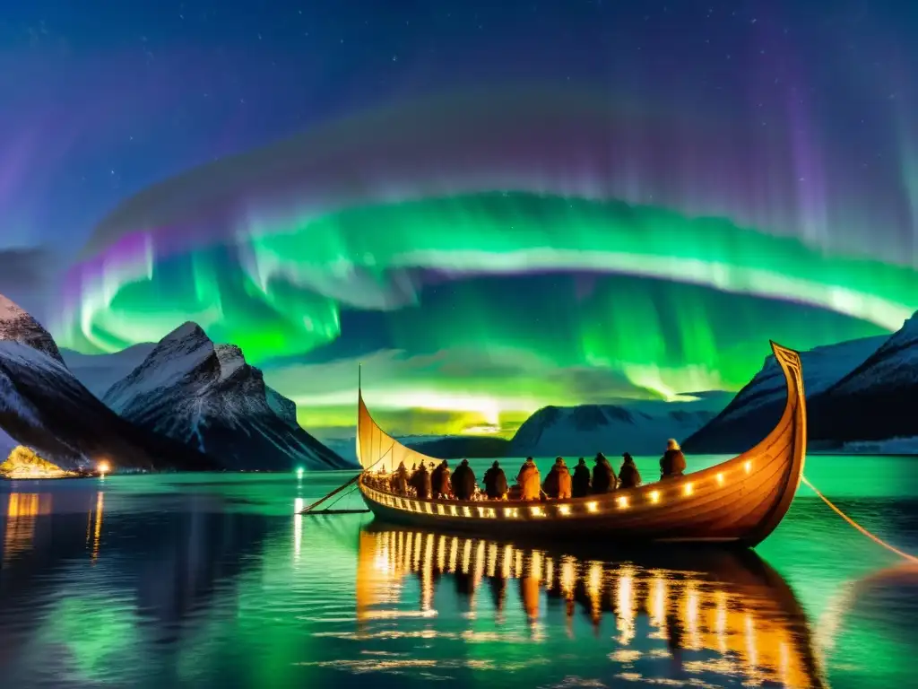 Grupo de turistas vikingos admirando un drakkar bajo auroras boreales en el mejor tour de inmersión mitológica vikinga