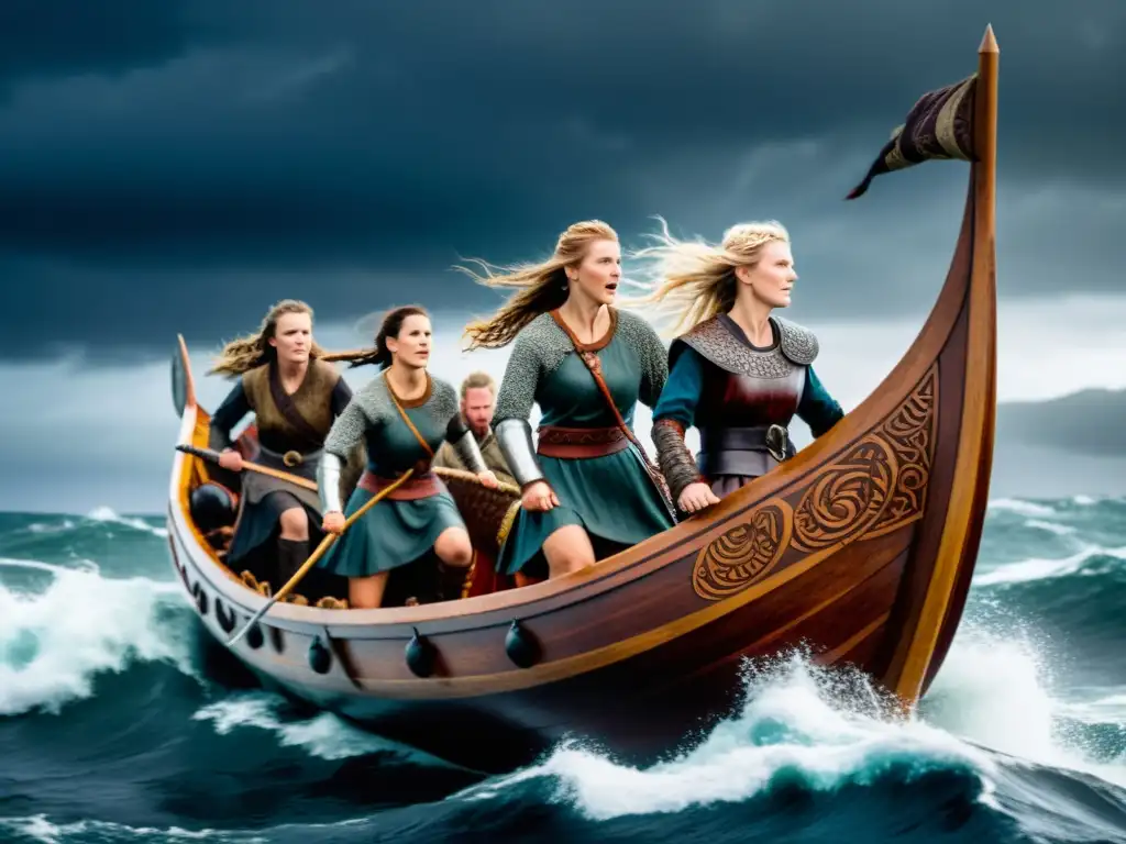 Un grupo de valerosas shieldmaidens vikingas navegan en un largo barco por mares tormentosos, desafiando el rol de género vikingo mujeres