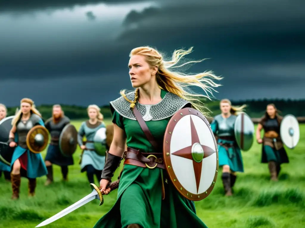 Un grupo de valientes mujeres vikingas en un campo verde bajo un cielo nórdico tormentoso, exhibiendo fuerza y determinación