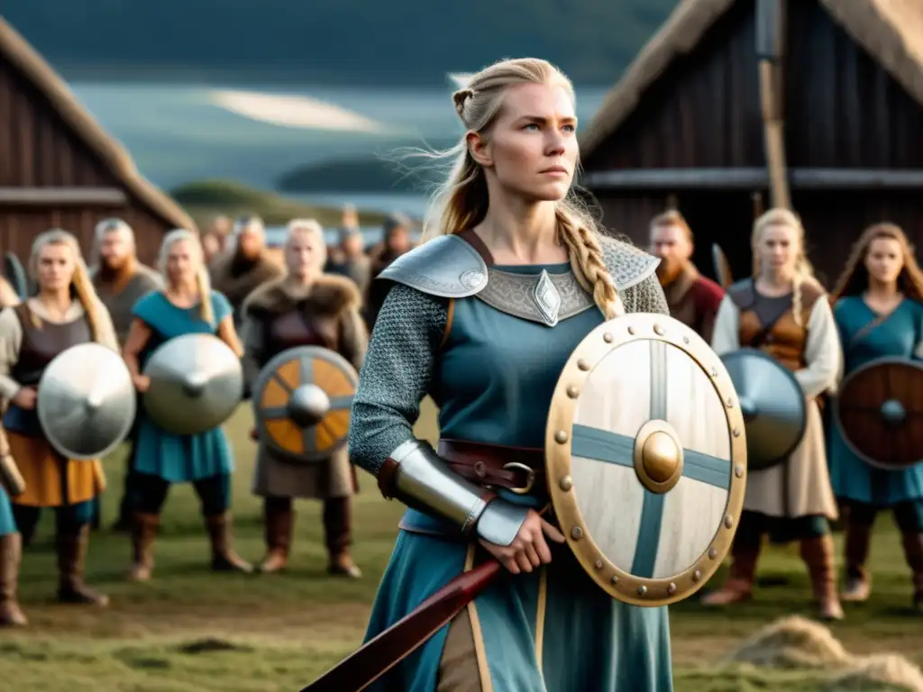 Un grupo de valientes mujeres vikingas armadas, destacando su poder y derechos según las leyes vikingas