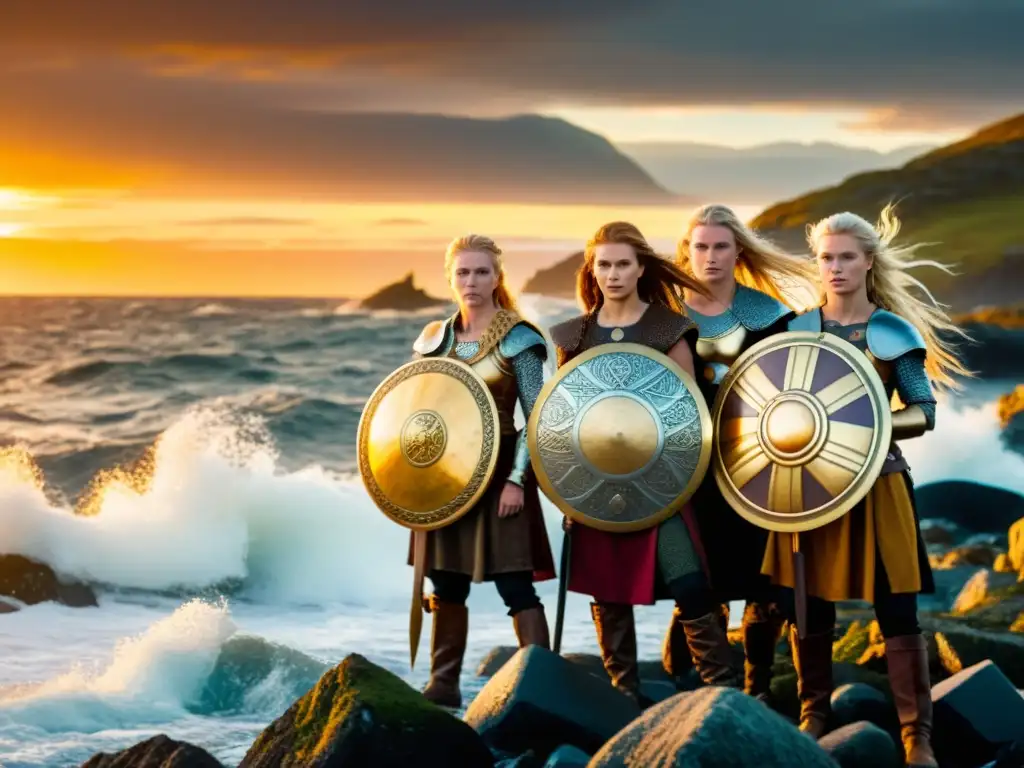 Un grupo de valientes shieldmaidens vikingas en la costa rocosa al atardecer, con armaduras y armas, reflejando el poder femenino en mitología nórdica