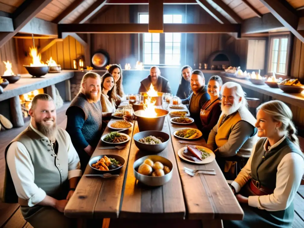 Grupo variado disfruta de una comida vikinga en un ambiente rústico con Dieta vikinga longevidad salud