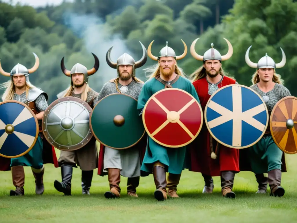 Un grupo vestido con trajes Vikingos en un festival histórico escandinavo, con escudos y armas ornamentados en un bosque verde exuberante