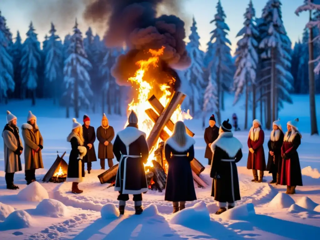 Grupo en vestimenta nórdica de solsticio de invierno junto a fogata en el bosque nevado