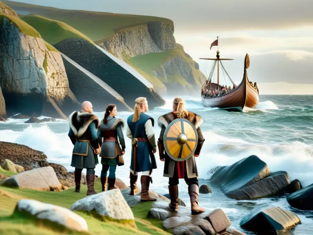 Epopeya vikinga: exploración en alta mar Un grupo de viajeros vikingos con impactante estatus social, admirando el mar desde la costa rocosa