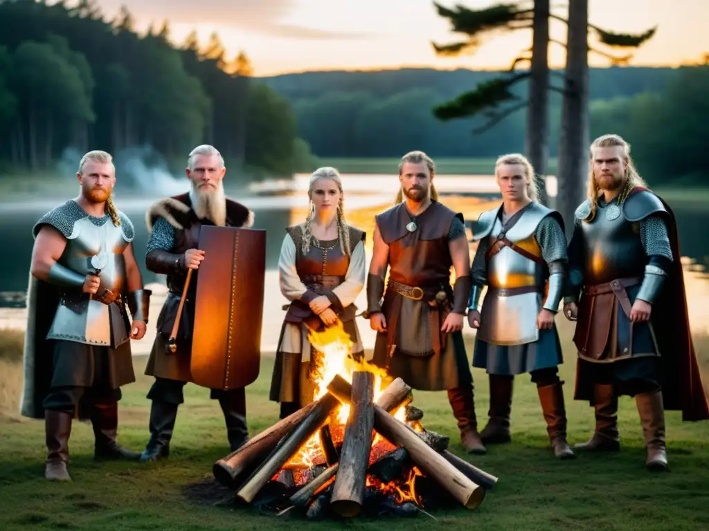 Recreación Vikinga: Tradición y Fuego en la Modernidad Grupo de recreación vikinga en la actualidad reunido alrededor de una fogata en el bosque al anochecer, capturando la esencia de la tradición vikinga en la actualidad