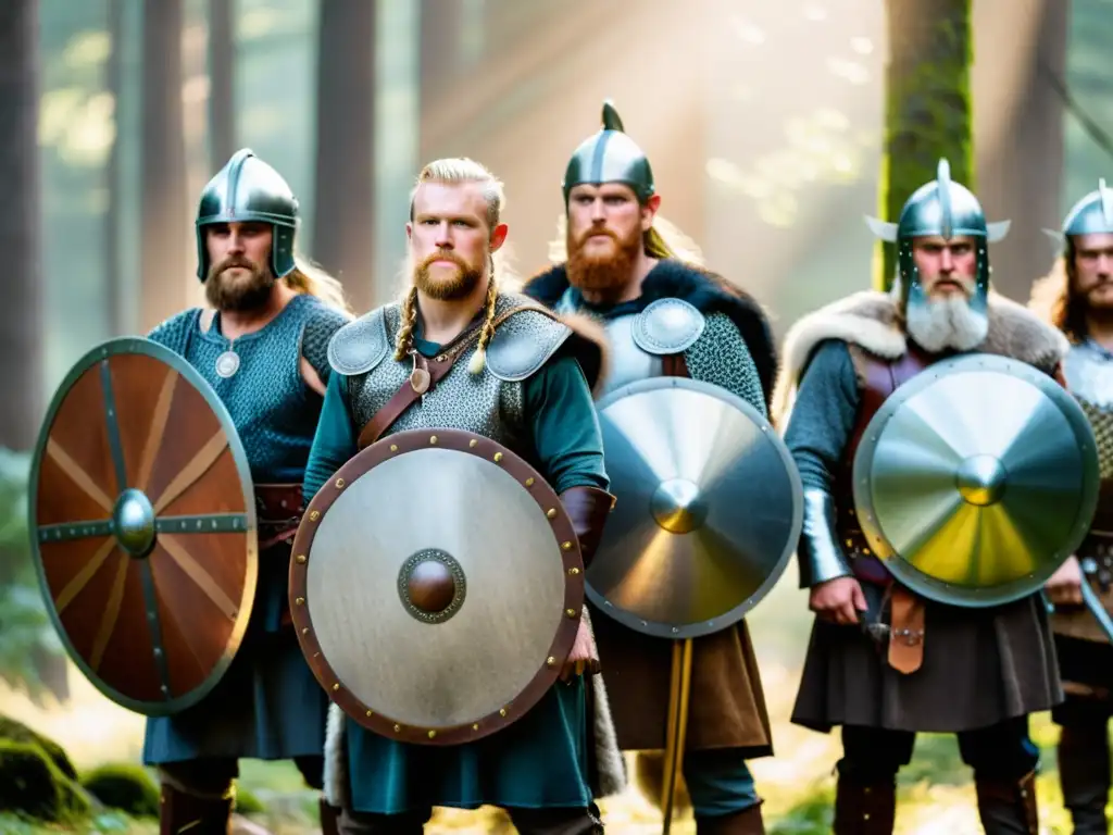 Grupo de recreación vikinga en el bosque con detalles de moda y armadura vikinga aplicaciones, bajo la luz del sol filtrada entre los árboles