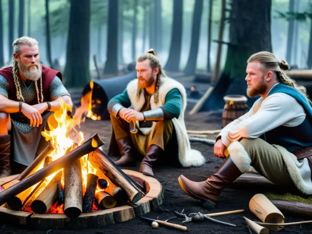 Un grupo de recreación vikinga en un bosque neblinoso, cocinando, afilando armas y tocando instrumentos, evocando la influencia de la ficción vikinga