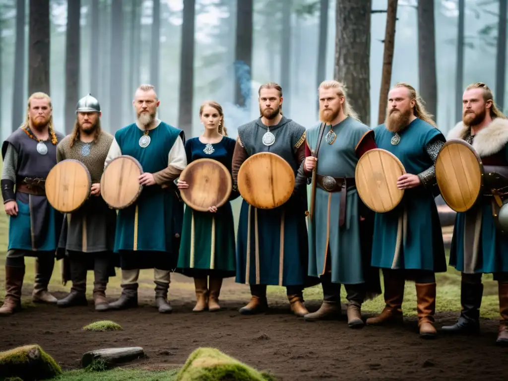 Un grupo de recreación vikinga en el bosque realizando un ritual nórdico, con runas y escudos de madera