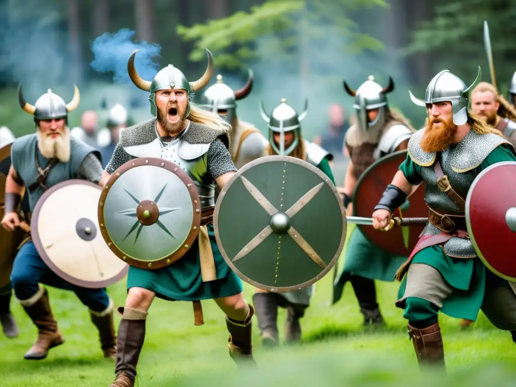 Grupo de recreación vikinga en combate en un bosque verde, capturando los arquetipos del Guerrero Vikinga