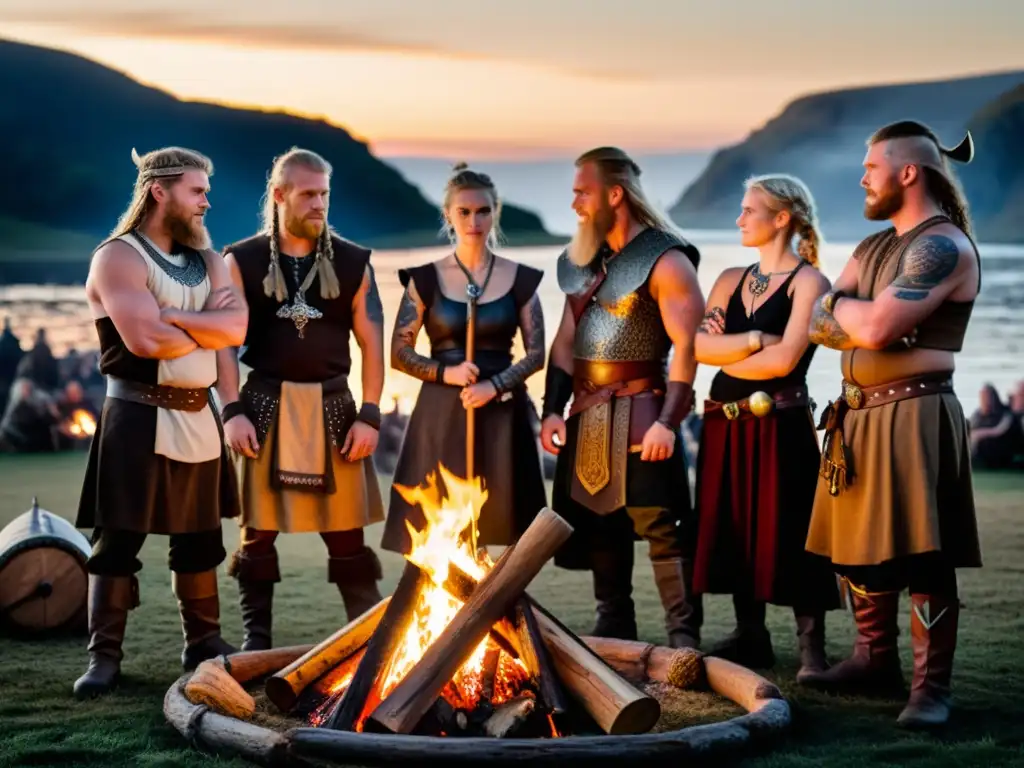 Un grupo de recreación vikinga contemporánea honrando al arquetipo psicología de Odin alrededor de una fogata nocturna