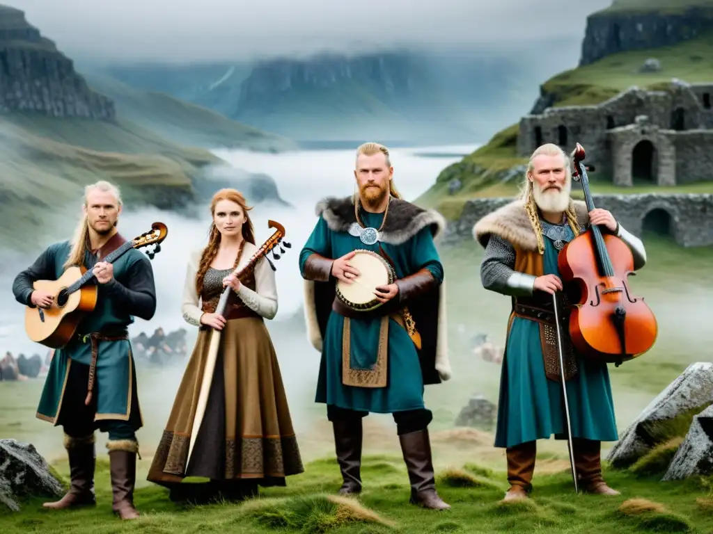 Un grupo de música vikinga contemporánea tocando en un paisaje mistico de montañas y ruinas antiguas