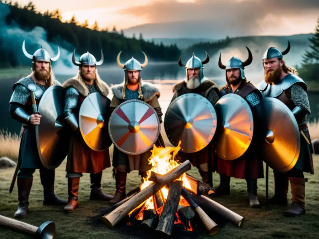 Grupo de recreación vikinga alrededor de una fogata en el bosque, mostrando autenticidad y poder de la historia