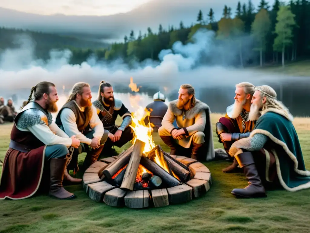 Grupo de recreación vikinga en fogata, vestidos auténticamente, en un bosque nórdico neblinoso