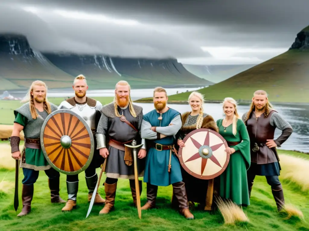 Un grupo de recreación vikinga moderna posa con orgullo frente a un barco largo, reflejando el estatus social vikingo en la era moderna