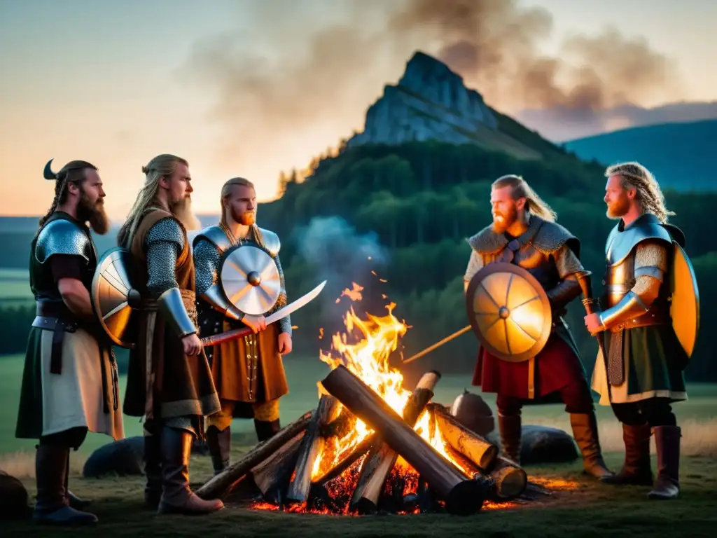 Un grupo de recreación vikinga en la era moderna, reunidos alrededor de una fogata en una impresionante batalla