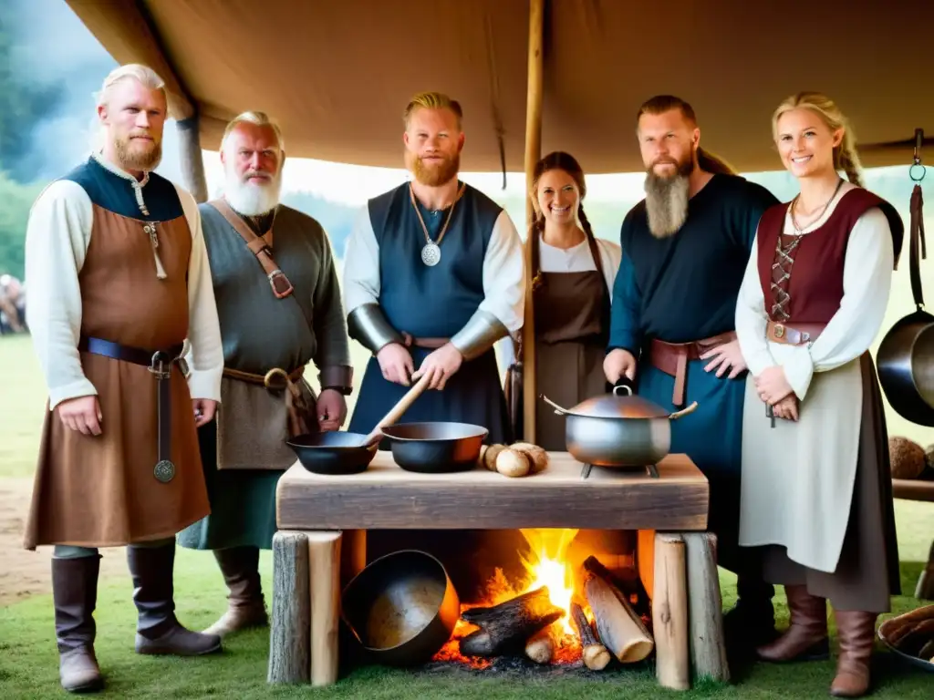 Un grupo de recreación vikinga preparando recetas auténticas alrededor de una fogata