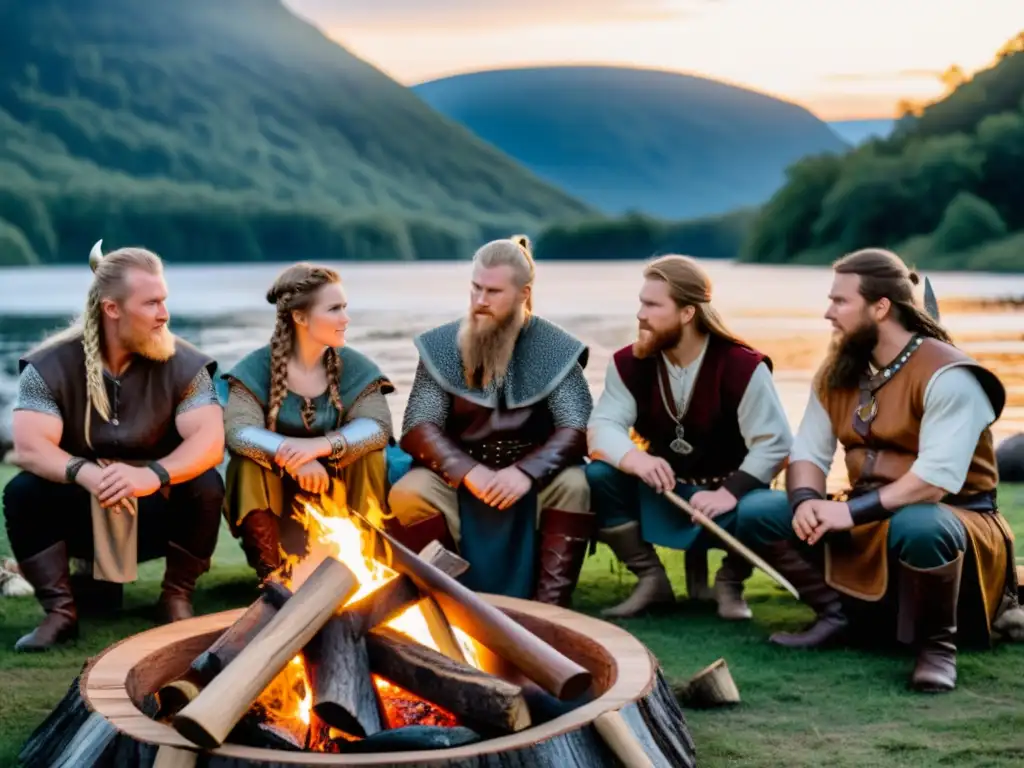 Un grupo de recreación vikinga en vestimenta tradicional alrededor de una hoguera al anochecer