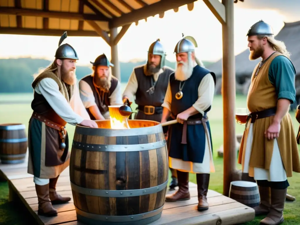 Grupo vikingo elaborando bebidas en barril al atardecer