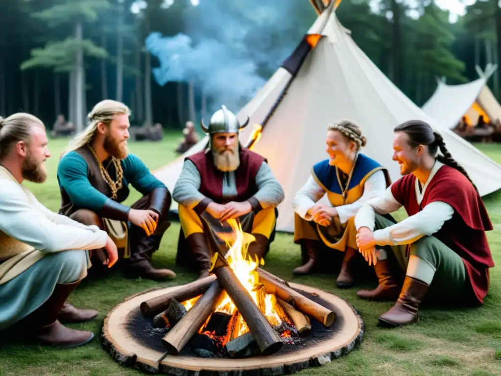 Grupo vikingo en el bosque, recreando actividades con fuego