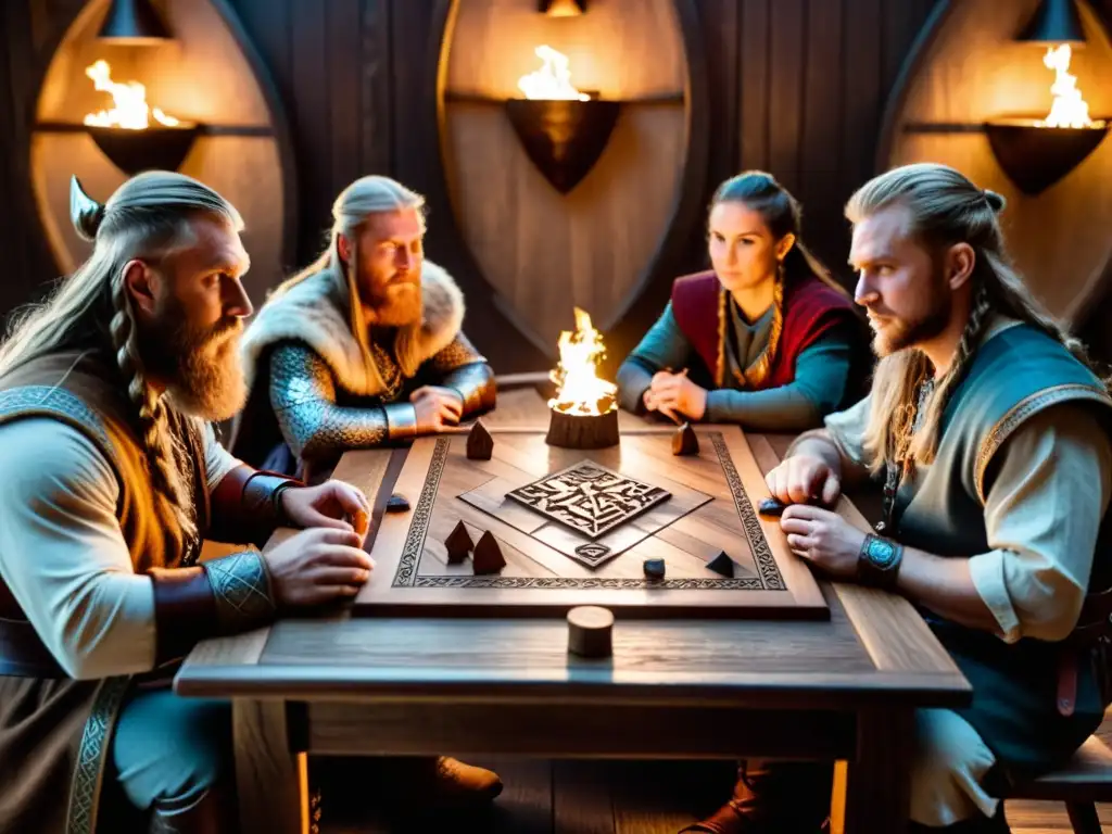 Grupo vikingo juega emocionante partida de 'Juegos de mesa rituales vikingos' en ambiente oscuro y místico