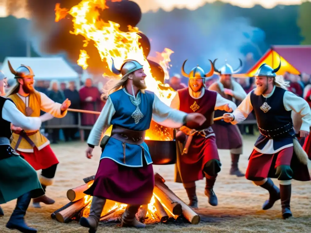 Grupo vikingo bailando alrededor de una hoguera en festival nórdico