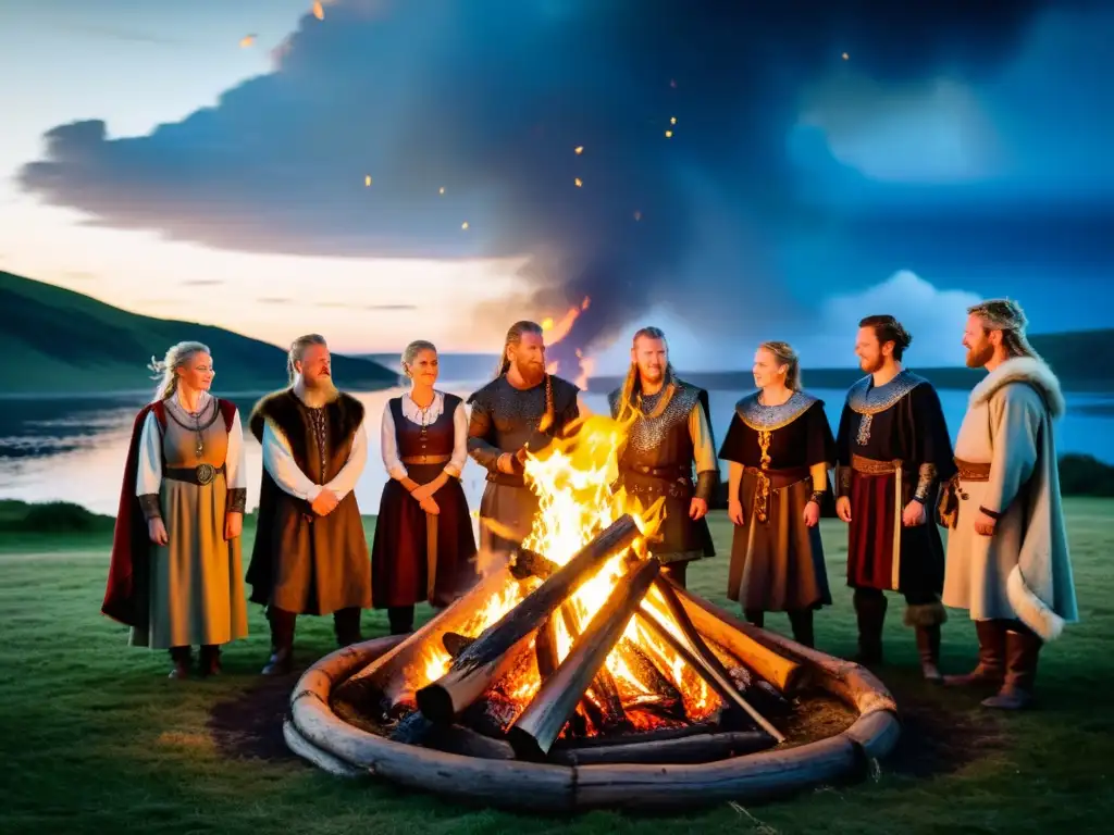 Grupo vikingo en tradición hoguera Midsummer, rostros iluminados por las llamas bajo un cielo estrellado