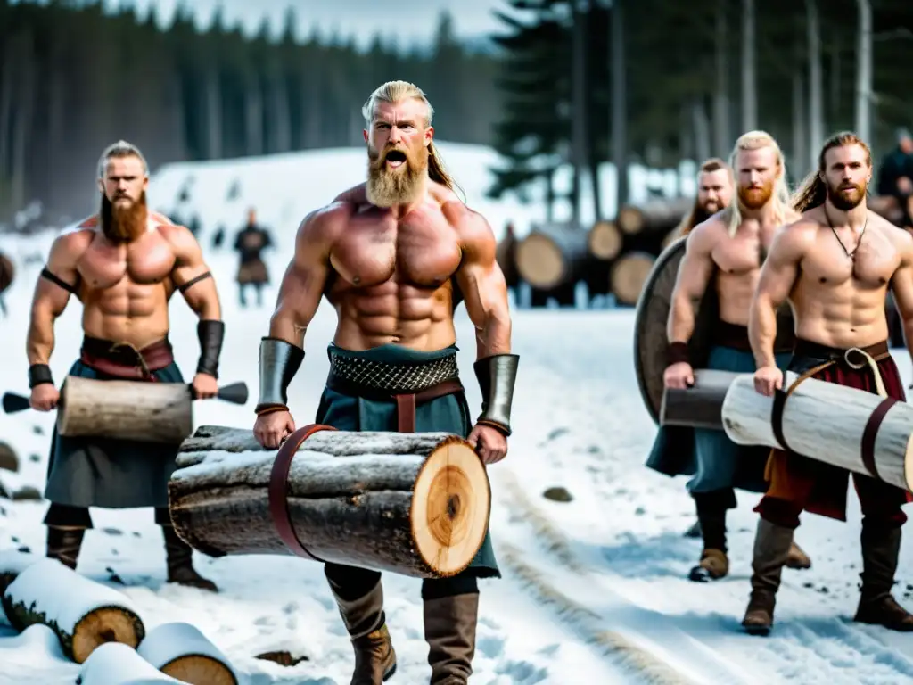 Grupo vikingo en intenso entrenamiento físico en paisaje nórdico