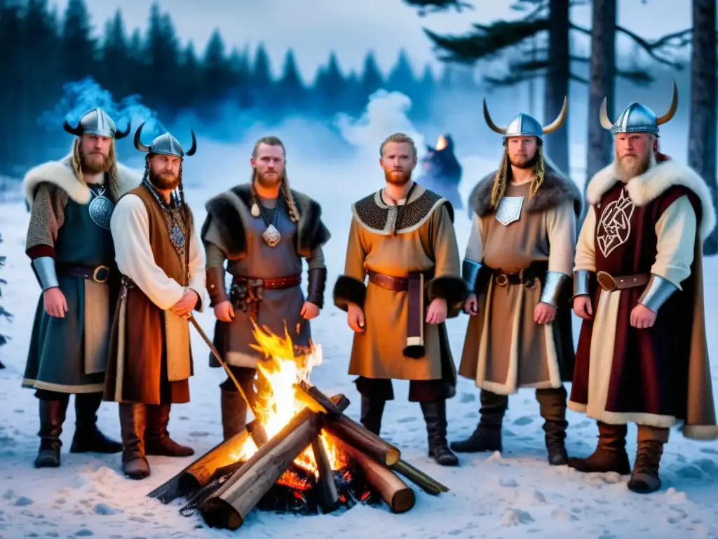 Grupo vikingo moderno celebrando Yule alrededor de una hoguera en un bosque nevado