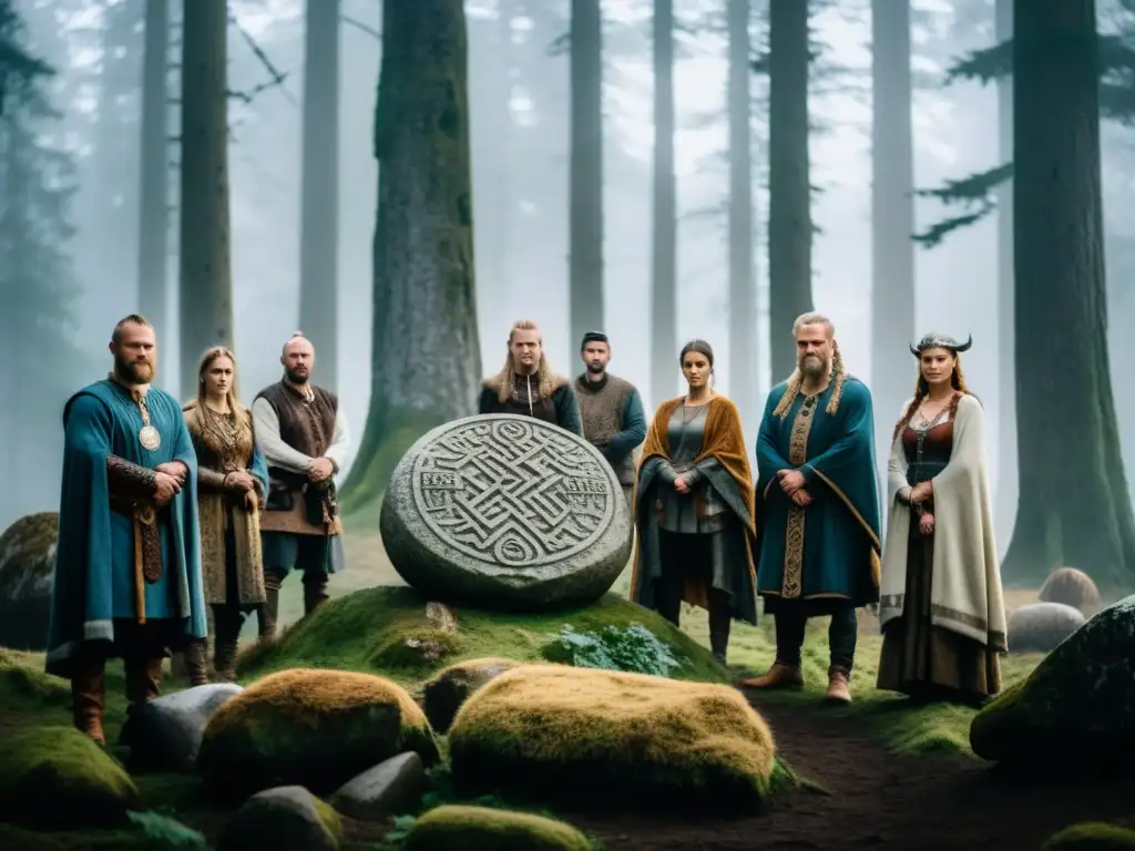 Un grupo vikingo reunido en torno a un antiguo símbolo rúnico en el bosque