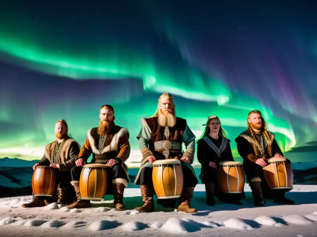 Grupo vikingo en ritual bajo auroras boreales, con ritmos de Ragnarök vikingo