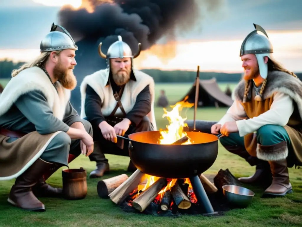 Grupo de vikingos cocinando al aire libre con una caldera sobre fuego