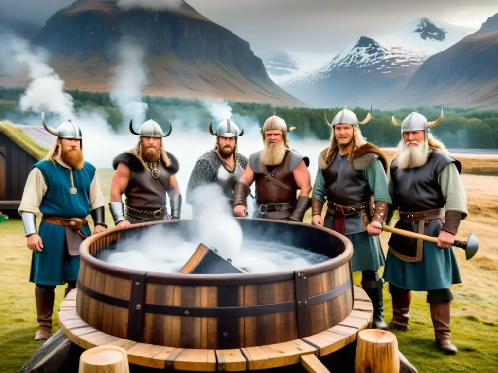 Grupo de vikingos barbudos elaborando cerveza estilo vikingo en un paisaje nórdico