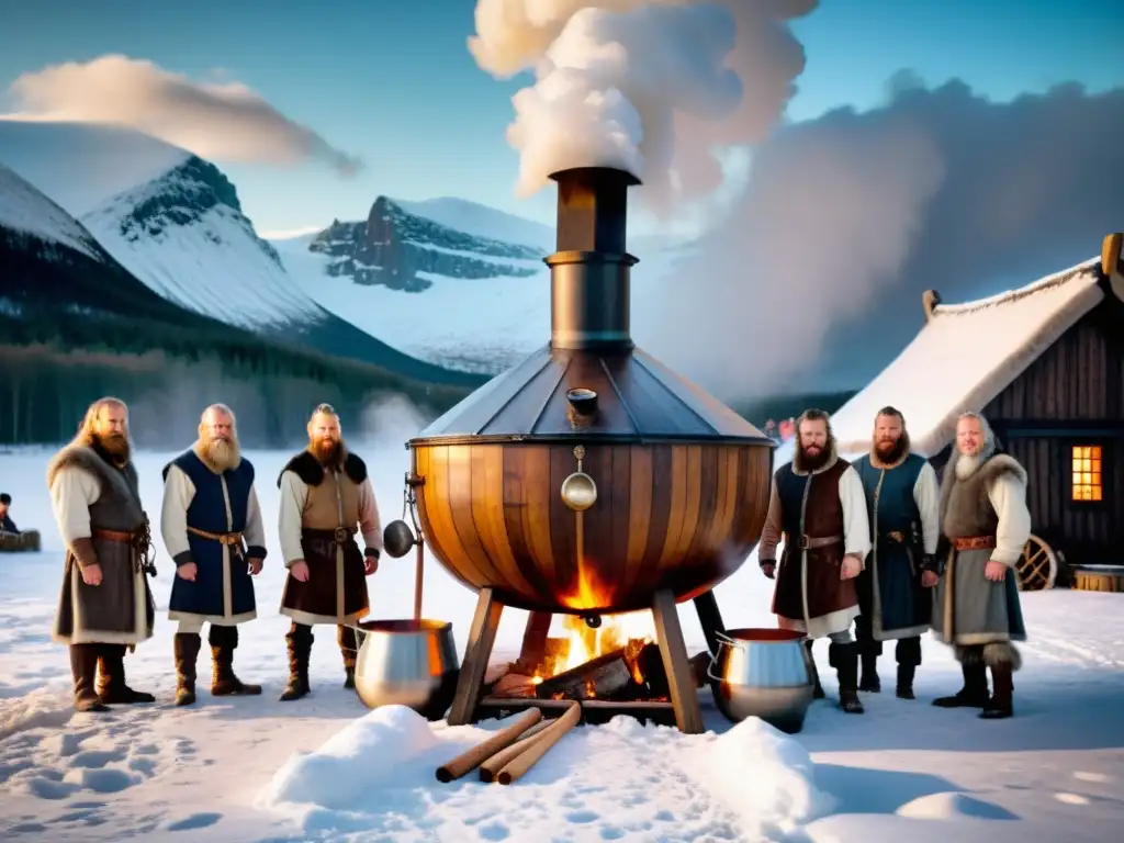 Un grupo de vikingos barbudos elaborando cerveza artesanal vikinga al atardecer en un paisaje nevado