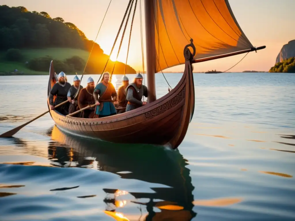 Grupo de vikingos maniobrando un barco vikingo al atardecer en agua serena, destacando la construcción y manejo de barcos vikingos